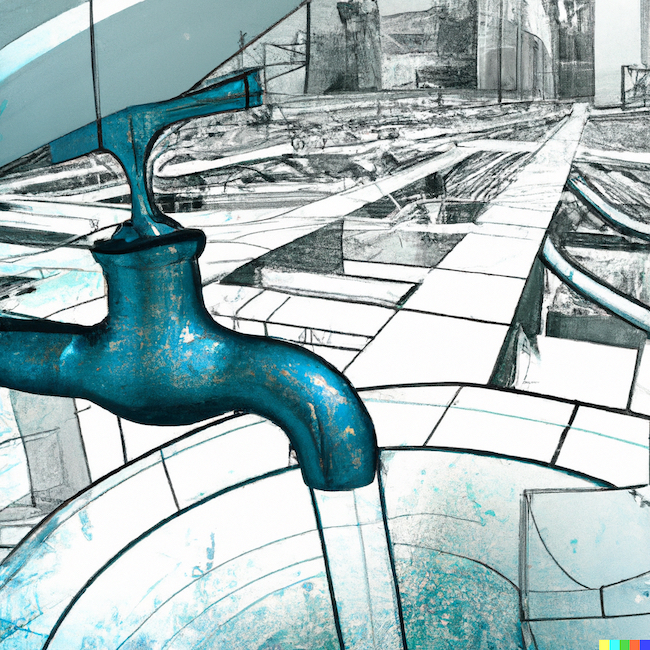 DALL·E 2023-07-06 15.29.41 – blueprint style picture of modern city center with a labirynth of water pipes in the background and in the foreground an old style water tap pouring w-kopia