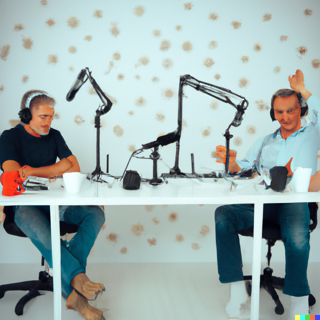 DALL·E 2023-03-02 13.50.39 – photo two beautiful male podcasters age 50 talking full body with professional microphones and headphones sitting by the table in professional studio